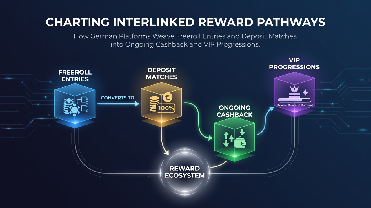 Darstellung vernetzter Belohnungspfade mit Freeroll-Einträgen und Einzahlungsmatches auf deutschen Pokerplattformen