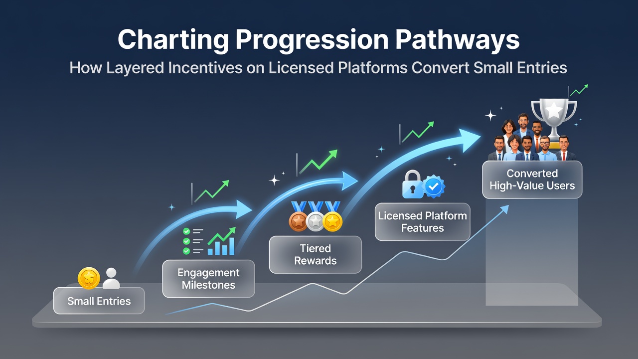 Diagramm der Progression von kleinen Einsätzen über VIP-Stufen zu internationalen Poker-Events
