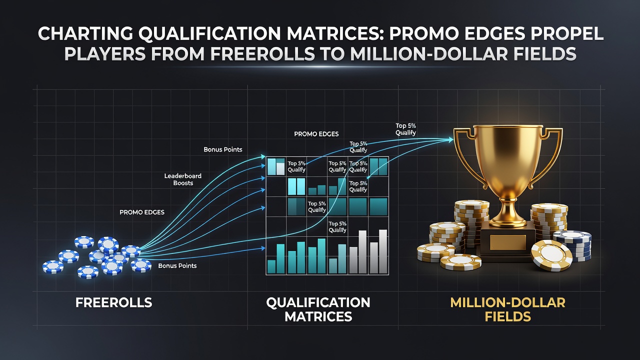 Diagram showing qualification matrices and promo edges in poker tournaments from freerolls to million-dollar events