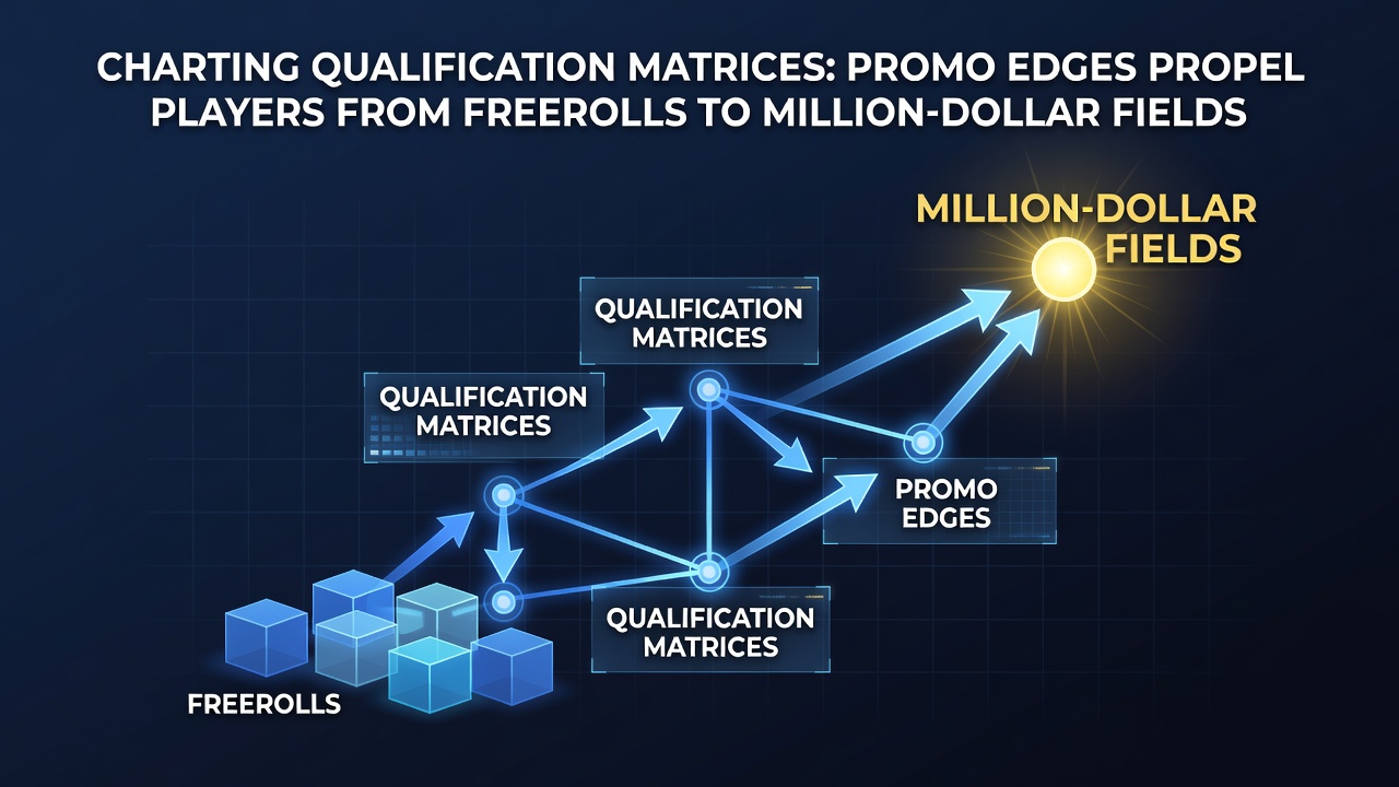 Flowchart of promo edges and qualification paths leading players to high-stakes poker tournaments