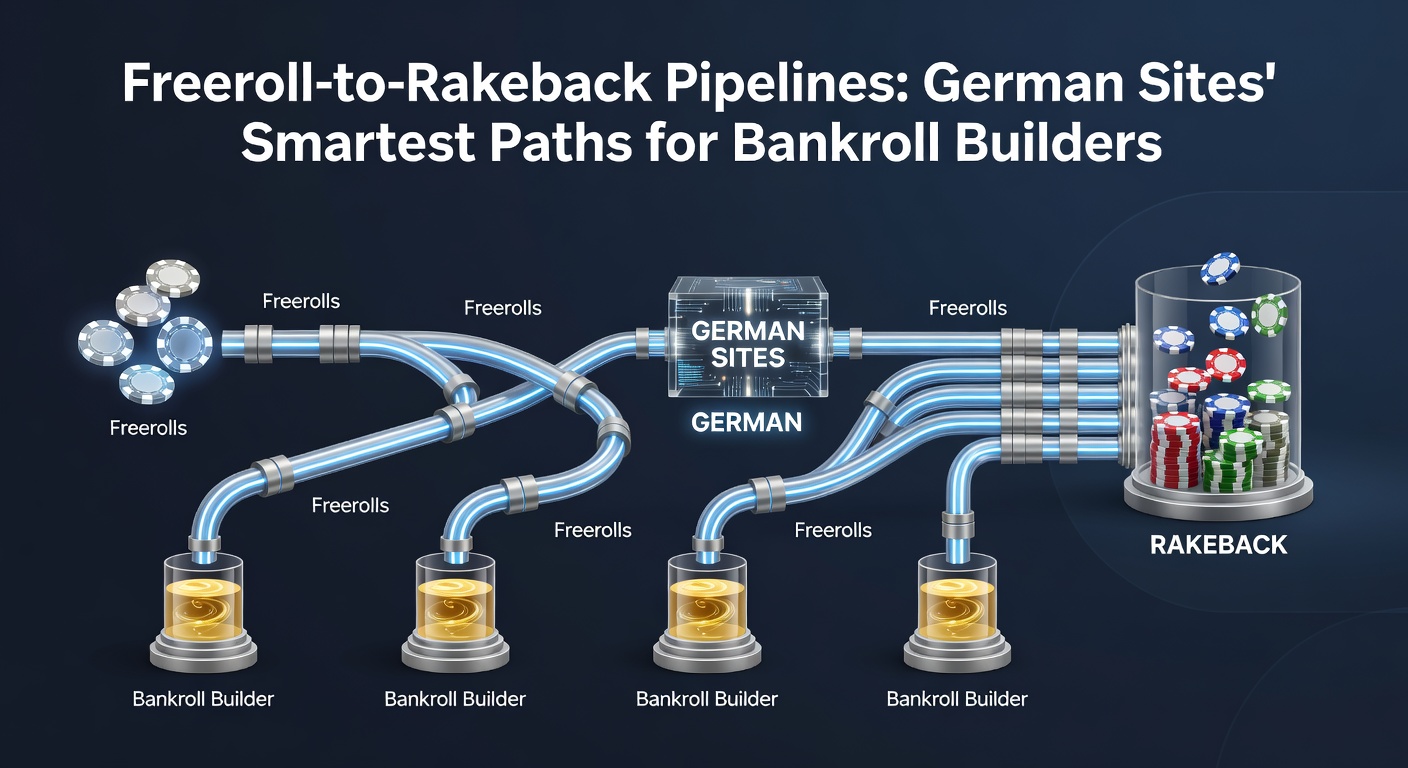 Grafik einer Bankroll-Wachstumskurve von Freerolls zu Rakeback auf einer deutschen Pokerseite, mit Meilensteinen und Statistiken