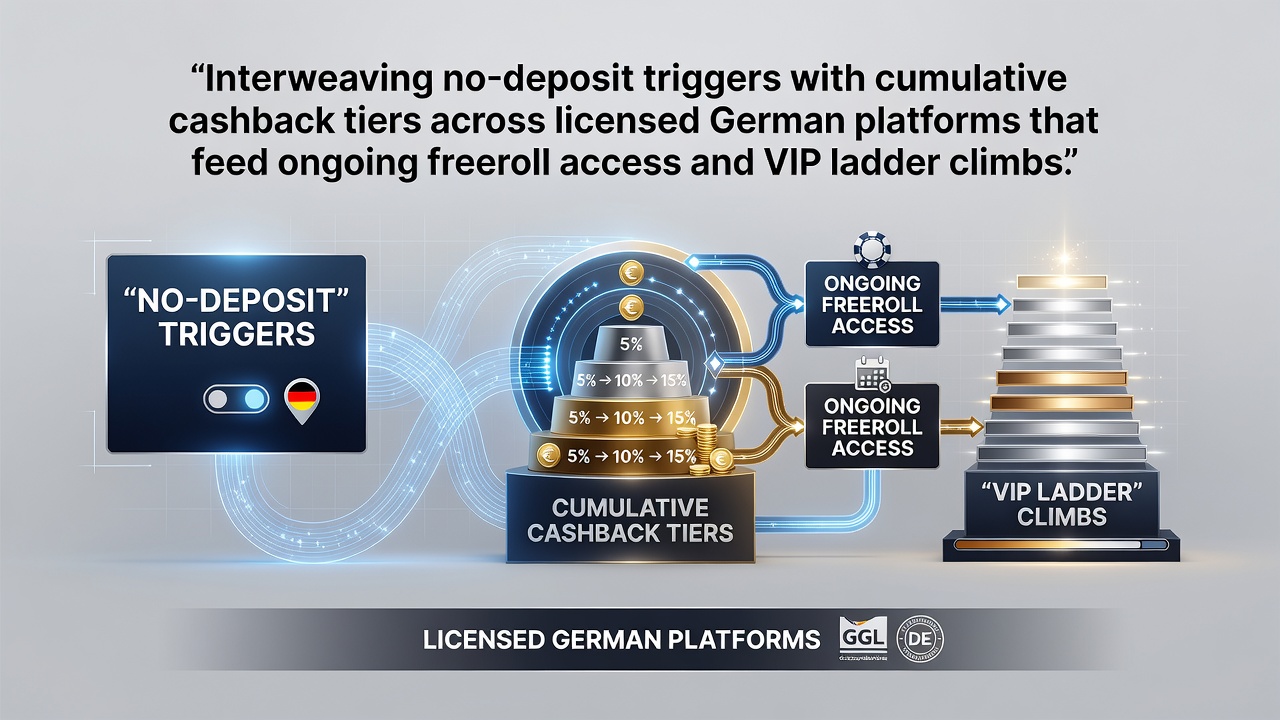 Illustration der Verknüpfung von No-Deposit-Triggern und Cashback-Stufen auf deutschen Pokerplattformen