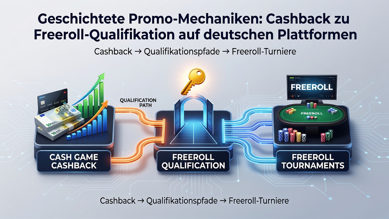 Darstellung geschichteter Promotionsmechanismen mit Cashback und Freeroll-Qualifikationen auf deutschen Plattformen