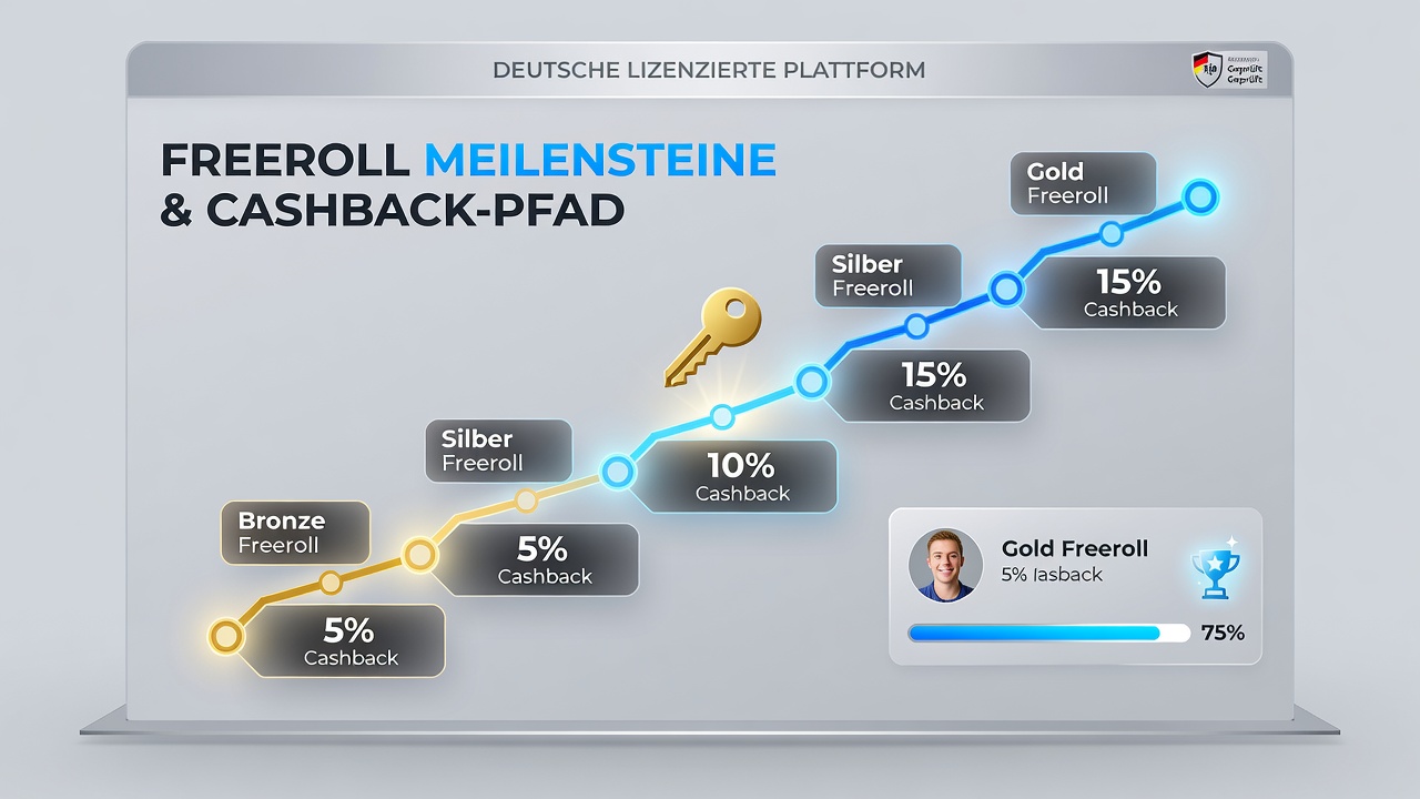 Gestaffelte Cashback-Übersicht mit Freeroll-Meilensteinen auf einer deutschen Poker-Plattform